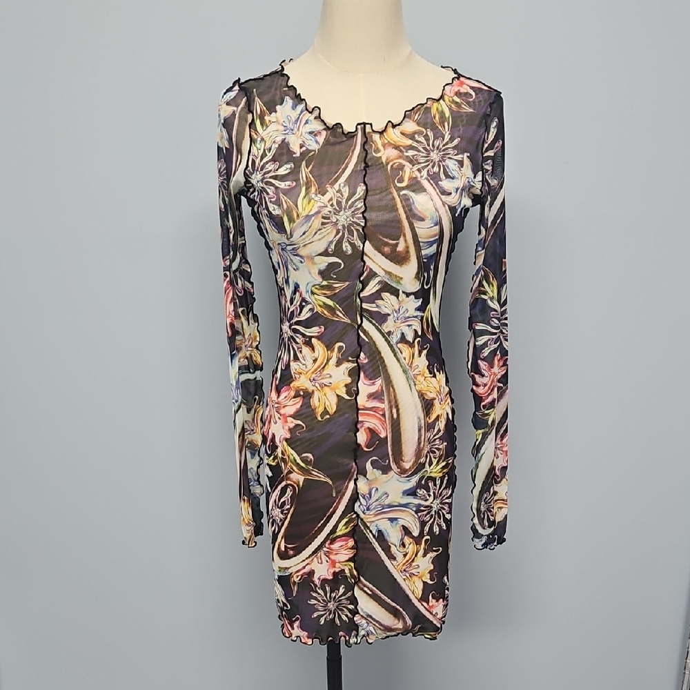 Agua Bendita Hadley Long Sleeve Fitted Sheer Mini Dress: Multicolor: Size- Small